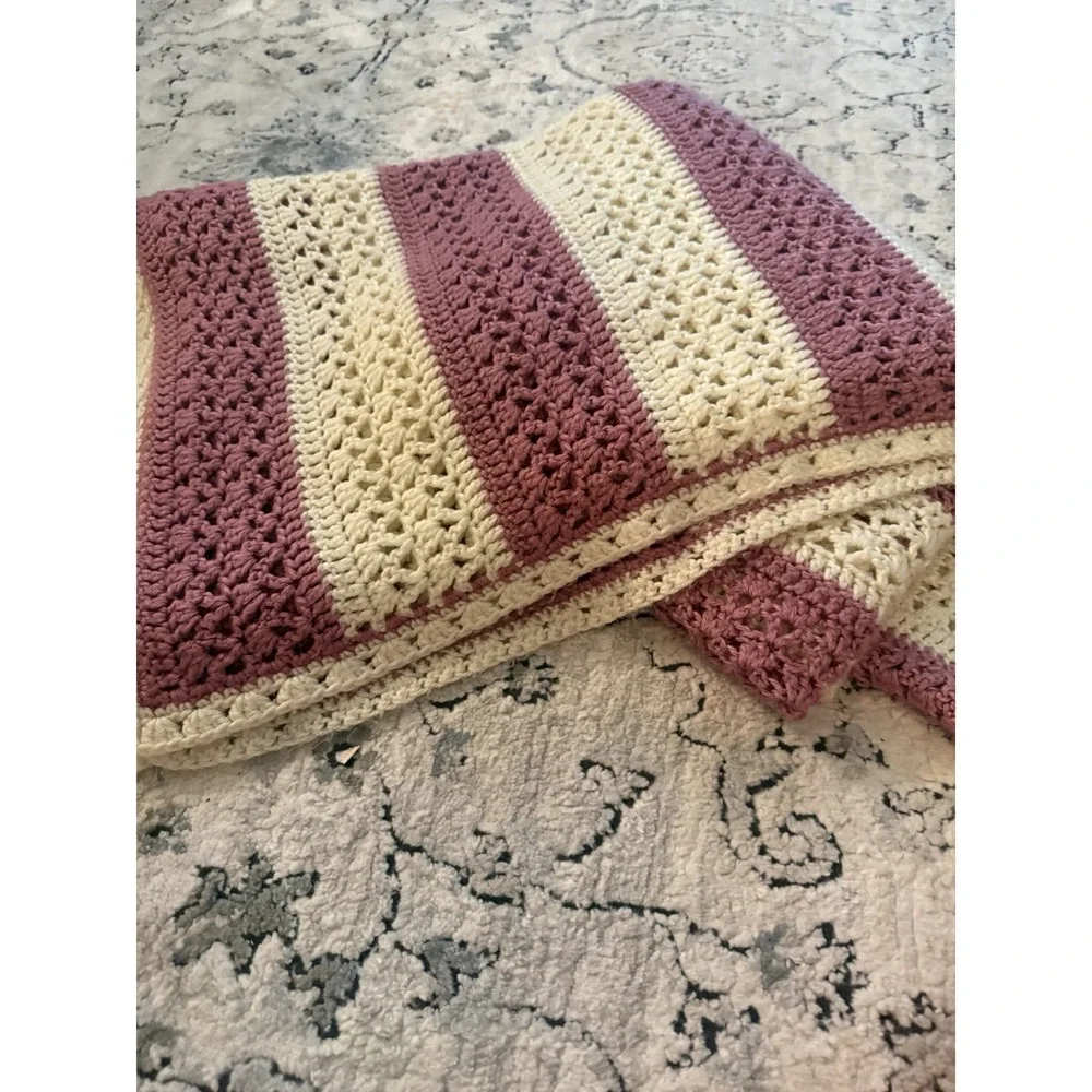 Handmade Crochet Afghan – Stunning Pink & Ivory- Cottage Core Granny 65x65
